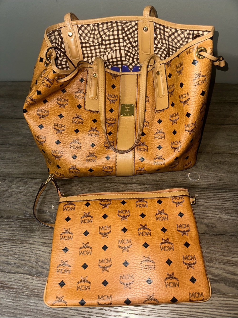 MCM Cognac Visetos Coated Canvas Tote with Pouch
